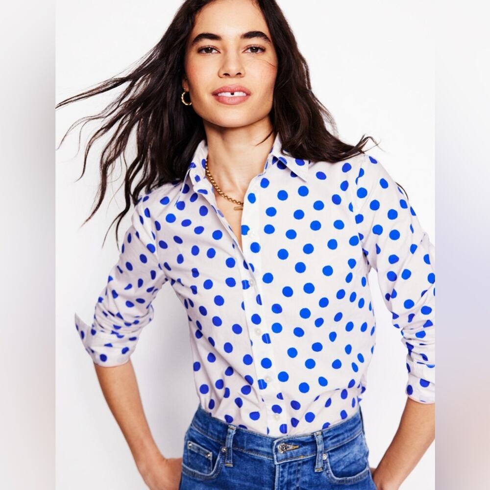 Boden Sienna White Blue Polka Dot Cotton Button Down Shirt Size 2R